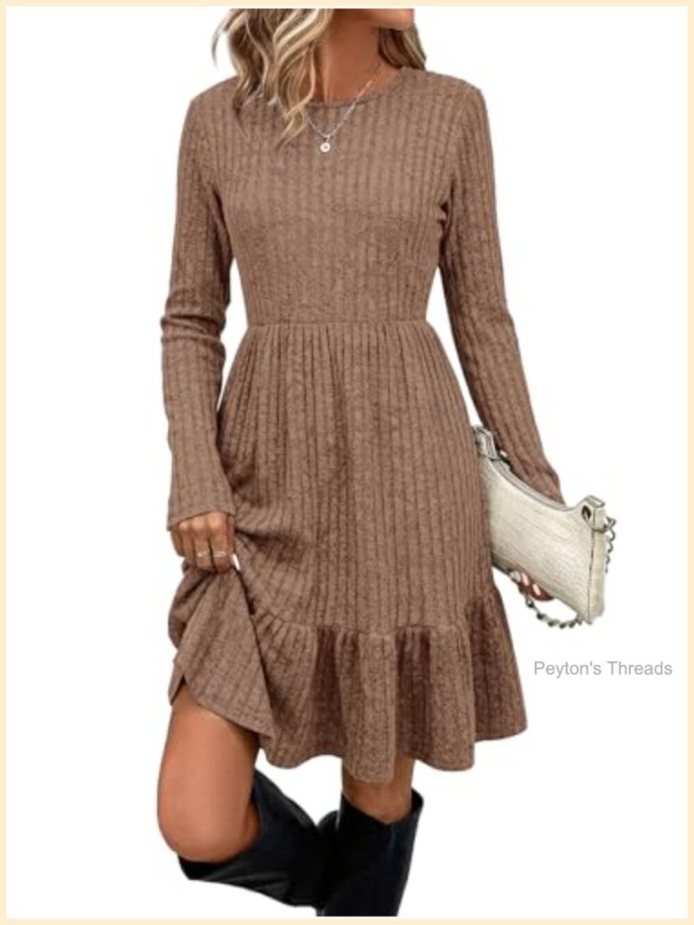 Long Sleeve Ribbed Knit Midi Sweater Dress A-Line Ruffle Pockets Casual
